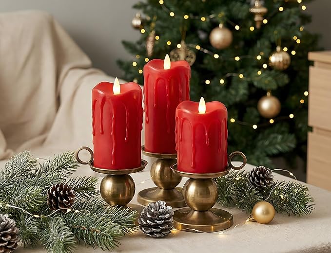 Flameless Pillar Candles Flickering with Remote Timer, Battery Operated LED Candles Up to 400 Hours, 3D Moving Flame Real Wax Candles. (Red with Dripping Tear)