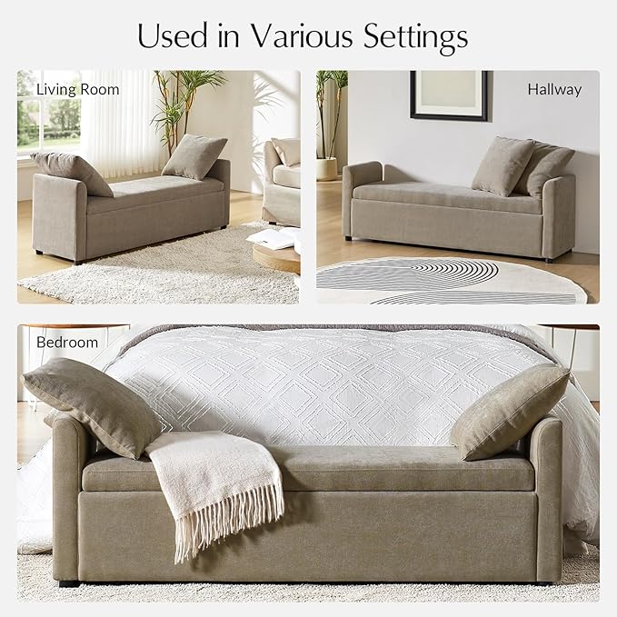 59.5" Modern Storage Ottoman Bedroom Bench, End of Bed Bench with Arms and Throw Pillows, Footrest Stool for Living Room, Dining Room, Entryway and Hallway, Brown