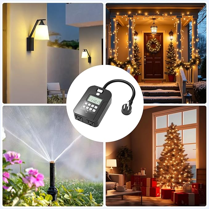 Outdoor Digital Timer for Lights, 7-Day Programmable Plug Waterproof with 2 Grounded Outlets for Landscape String Light, 15A, 1/2 HP UL Listed, 7 Day Dusk to Dawn Programmable Timer