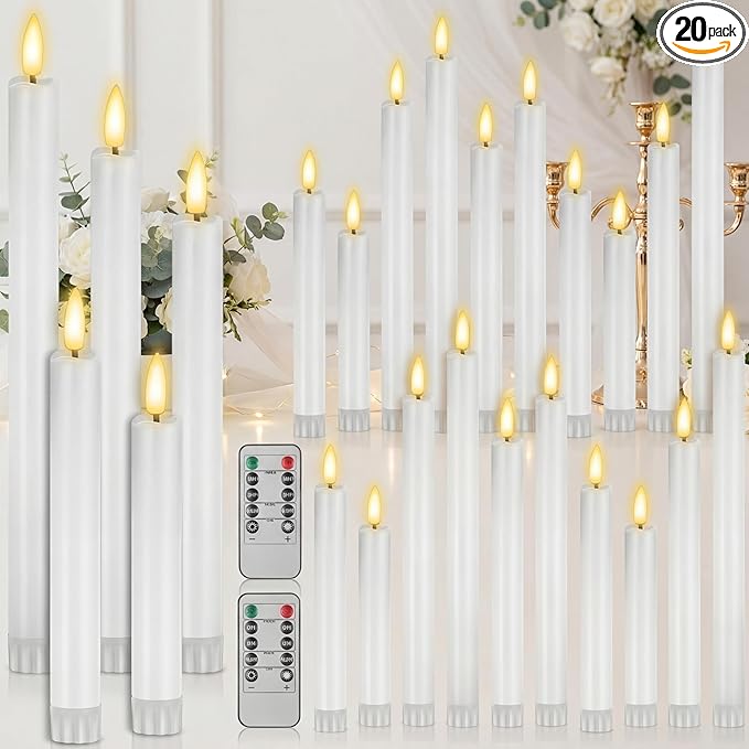 20 Pcs Flameless Taper Candles with Remote Battery Operated Taper Candles Include 6.5'' 7.7 8.9 10 11.2 Fake LED Electric Candle Sticks for Valentine's Day Home Wedding Decor (White)