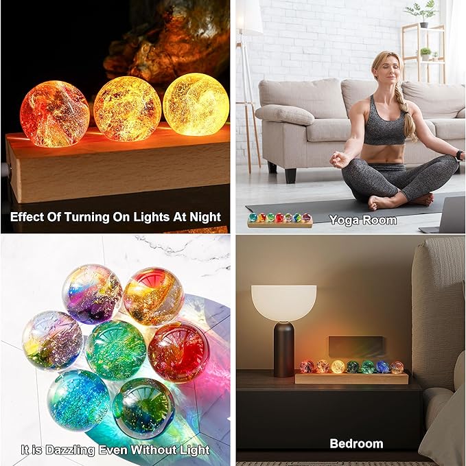 YU FENG 7 Colors 40mm/1.6in Glass Ball Night Light for Meditation with LED Wooden Base 7 Chakra Natural Healing Spheres Decorative Balls
