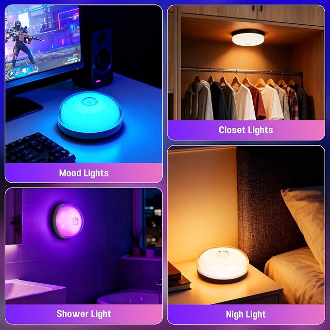 Loscarol Rechargeable Shower Lights with Remote, 15 RGBW Color Changeable Shower Lamp Waterproof, Dimmable ＆Timer Ceiling Light, Wireless LED Mood Lighting for Bathroom, Closet (Black, 2 Pack)