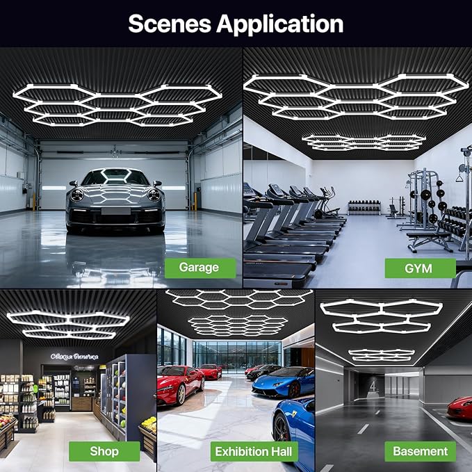 Glitgate Hexagon Garage Lights, 11 Grid System, 322W 35420LM LED Shop Light, 6500K Daylight White Ceiling LED, Flush Mount Hexagon Lighting for Gym Barbershop Workshop