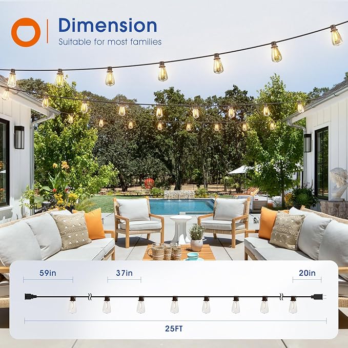 addlon 25FT LED Outdoor String Lights Waterproof Patio Lights with 9 Shatterproof ST38 Replaceable Bulbs(1 Spare), Dimmable Outside Hanging Light Connectable for Porch, Backyard, 2200K Warm Yellow