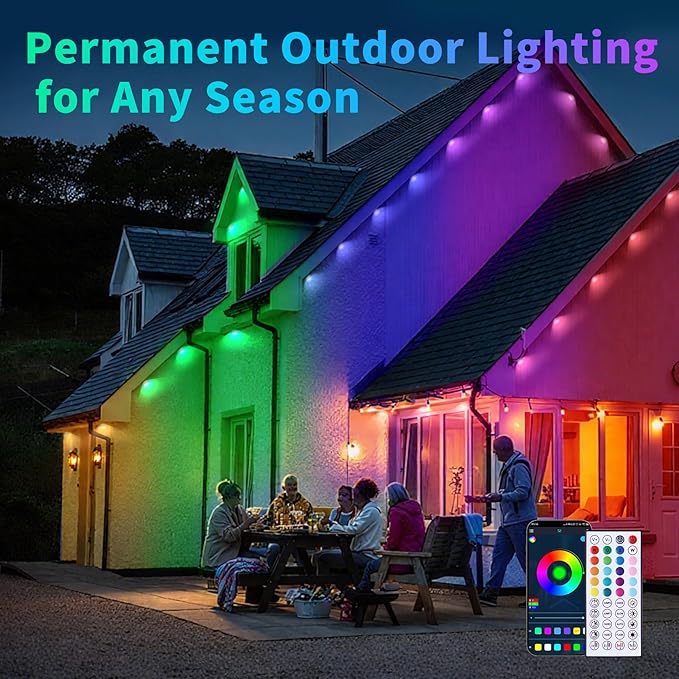 200ft Outdoor RGB LED Lights for House Roof Yard and Patio Waterproof String Lights with Remote Control Great for Christmas Parties and Everyday Ambiance