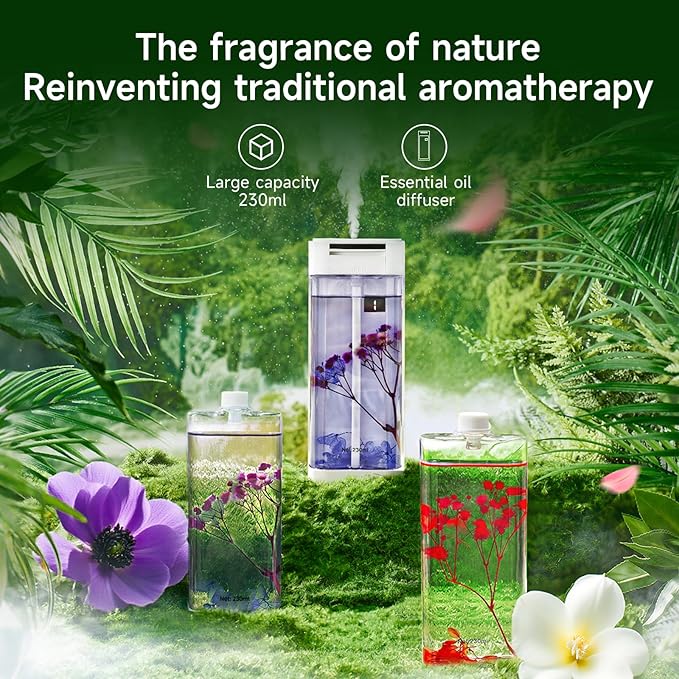 Smart Home Fragrance Diffuser - Waterless Aromatherapy Essential Oil Diffuser & Cordless Air Freshener for Home, Office, Bedroom, Bathroom | 4 Timer Modes, 2 Oils & Preserved Flowers Included