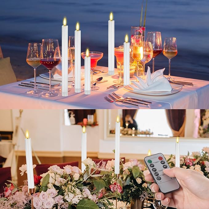 10 Pcs Flameless Taper Candles with Remote Battery Operated Taper Candles Include 6.5'' 7.7" 8.9" 10" 11.2" Fake LED Electric Candle Sticks for Valentine's Day Home Wedding Decor (White)