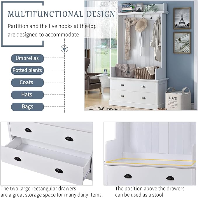 Retro 38.5" Wide Hallway Hall Tree with Coat Rack and 2 Large Drawers,Bench,5 Metal Hooks and Metal Handles,For Entrance Furniture Use (White#c)
