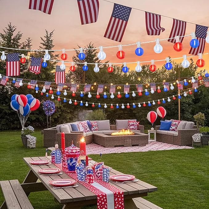 LAMPHOME 26Ft LED G40 Red White and Blue Lights Outdoor 4th of July Lights with12+1 Shatterproof Bulbs for Patriotic Decor in Yard Garden Patio - Light up Memorial Day 4th of July Decorations Outdoor