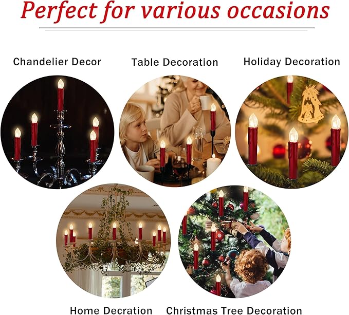 Candlesticks LED Taper Candle,Red Remote LED Candle Sticks Battery Operated Chandelier Flameless Candles with Clip,Flickering Warm White Lights for Wedding Party Women Gifts,RED-LED