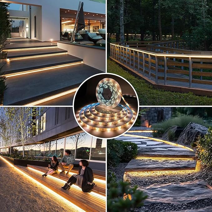 19.8 FT Solar LED Strip Lights Outdoor Waterproof Rope Light 3000K Cuttable & 8 Modes Solar Powered Tape Lighting for Step, Sign, Driveway