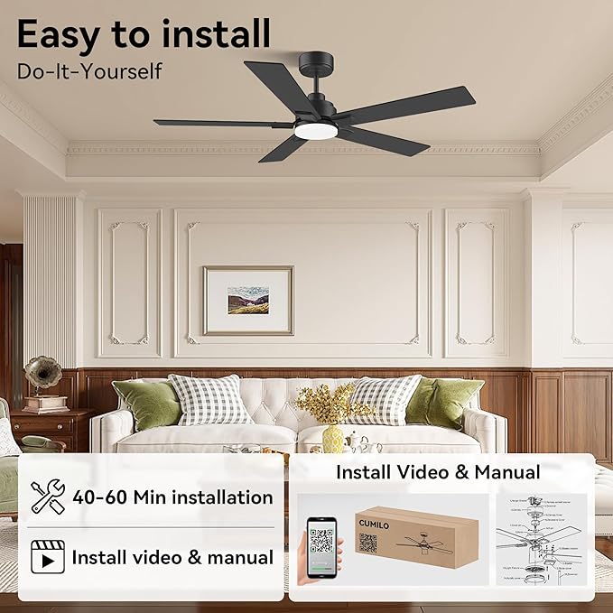 52 Inch Ceiling Fans with Lights,Smart Ceiling Fan with Light and Remote Control,Alexa,APP,WIFI,Black Indoor Outdoor Ceiling Fans for Bedroom,Patio,Porch,5 Blades,Dimmable LED,6 Speed,Quiet DC Motor