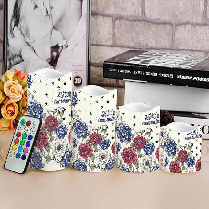 250th National Independence Day Battery Operated Candles Floral Print Fake Candle Remote Control 1776-2026 Flameless Candles Patriotic Decorations for Home, 4 Pack