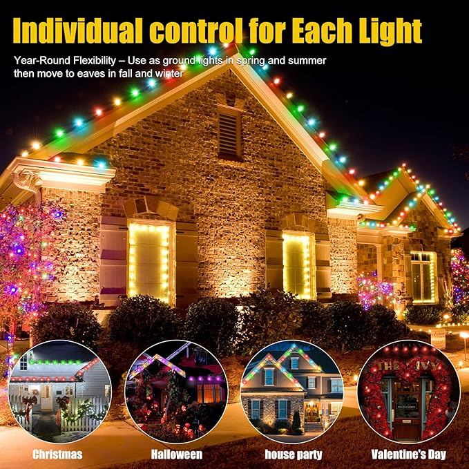 150 FT Permanent Outdoor Lights, Waterproof 2-in-1 Eaves & Ground Stakes LED String Lights with App/Remote Control for House, Garden– Smart Color-Changing Lighting for Halloween Christmas Decorations