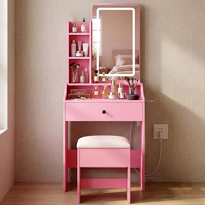 DUMOS Makeup Vanity Desk, Vanity Table Set with Mirror and Lights, Small Vanity with Storage Bench, Charging Station and Hair Dryer Holder, Dressing Table with Drawer and Three Shelves, Pink