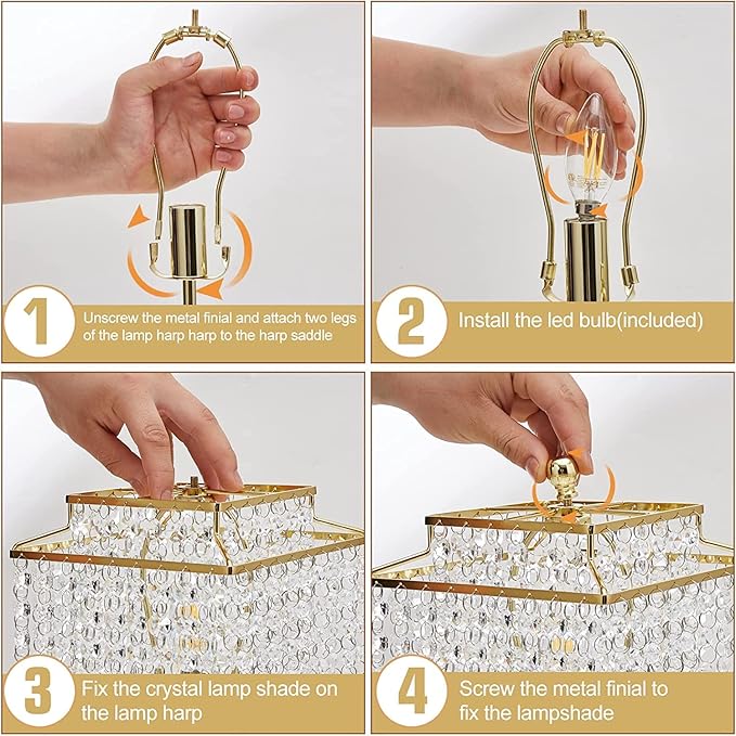 Luvkczc Set of 2 USB Bedside Crystal Table Lamp Gold, Touch Control Lamp, Dimmable Lamp with Crystal Shade for Bedroom, Living Room, 6W LED Bulb Included