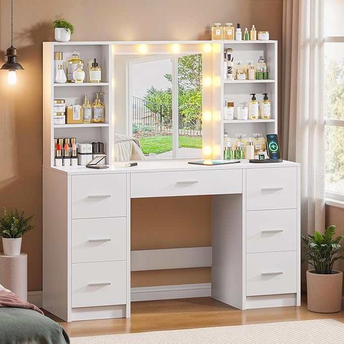 Vanity Desk with Mirror and LED Lights, Large Vanity with 7 Drawers and 6 Shelves, Makeup Vanity Dressing Table with Charging Station for Girls, Women (White)