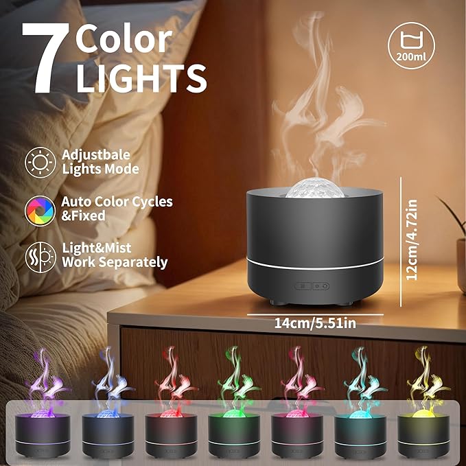 Essential Oil Diffuser, Fire Flame Aromatherapy Diffuser with 7 Colours LED Projection, 200ml Cool Mist Humidifier, Oil Diffuser with Auto-Off Protection for Home,Bedroom,Office,or Spa (Black)