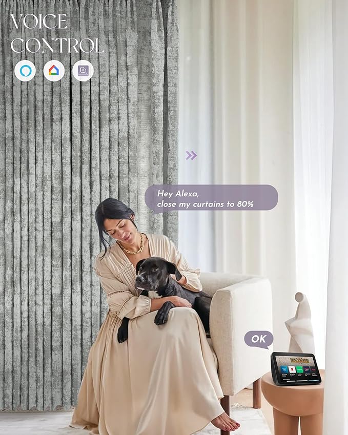 Graywind Rechargeable Smart Curtains Compatible with Alexa App Remote Control Motorized Drape for Sliding Door One-Way or Split Draw, Custom Width Up to 220" (Mist Series)