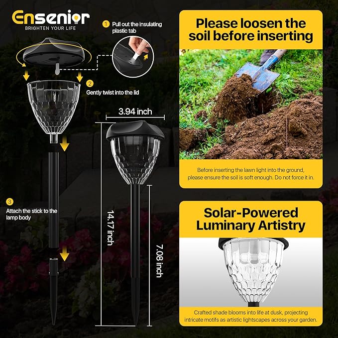 Ensenior Solar Pathway Lights Outdoor - 14.17" Height, 3000K LED Landscape Garden Lights, IP65 Waterproof, Tool-Free Auto ON/Off for Garden Yard Patio Walkway Landscape, 12-Pack