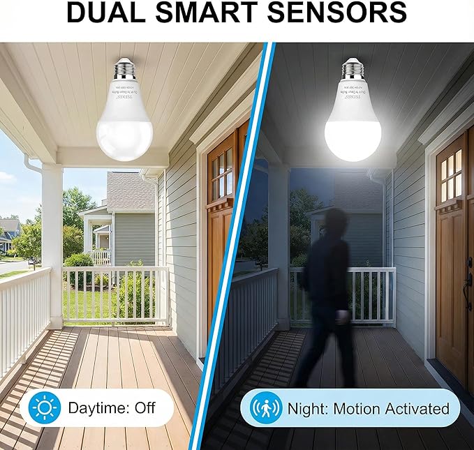 12W Motion Sensor Light Bulbs (100W Equivalent), 5000K Daylight, Motion Activated Light Bulb with Dusk to Dawn Sensor for Outdoor & Indoor,Porch, Stairs, Hallway, 4-Pack