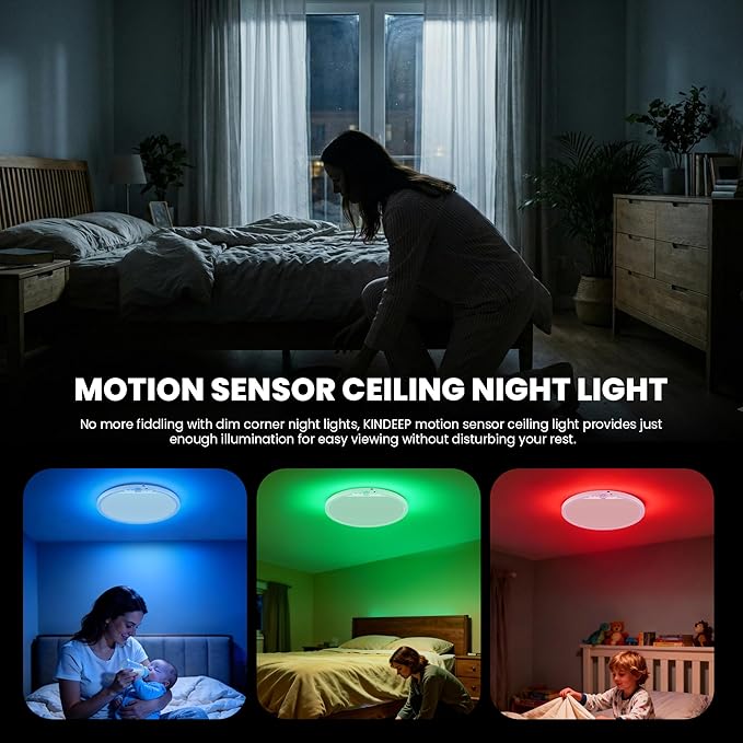 KINDEEP Bedroom Ceiling Light with Night Light: 12 Inch 10000mAh Rechargeable Ceiling Light with Remote, Dimmable 3 Colors & RGB, Wireless Motion Sensor Ceiling Lamp for Bedroom, Hallway, 1 Pack