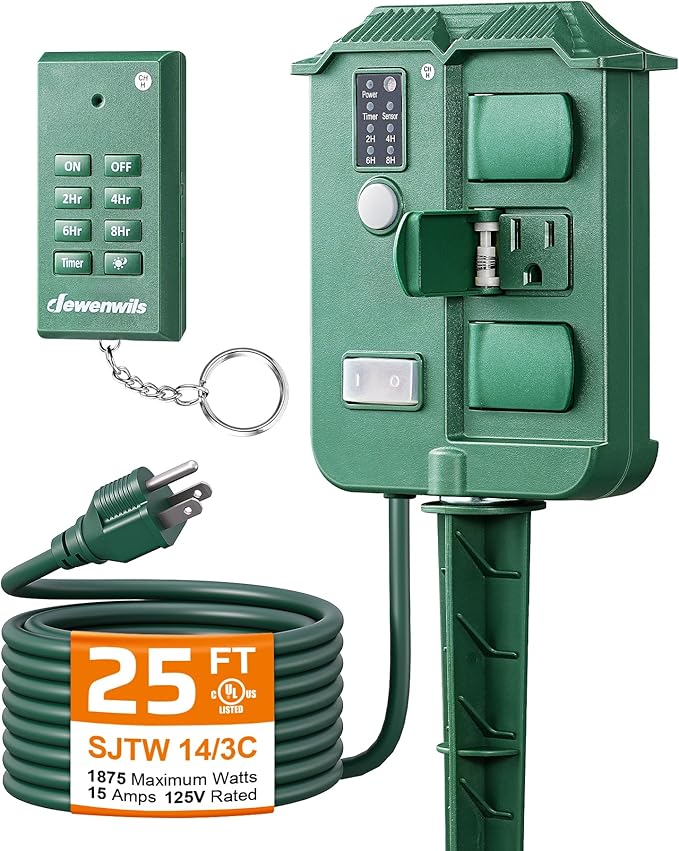 DEWENWILS Outdoor Power Stake Timer, Waterproof Outdoor Timer with 25FT Extension Cord, 100FT Range Remote Control, Photocell Dusk to Dawn Outlet for Lights, Yard, Garden, UL Listed