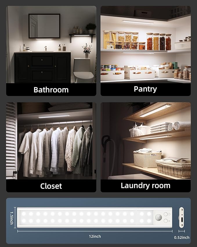 12inch Under Cabinet Lights, Motion Sensor Light Indoor 2200mAh Rechargeable Battery, Wireless, Magnetic, 5 Levels Dimmable Closet Lights, Under Counter Lights for Kitchen, Bathroom (2 Pack)