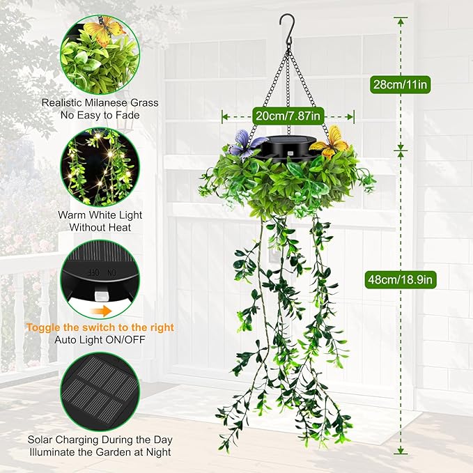 Solar Hanging Garden Lights for Spring Summer, 2 Pack 66 LEDs Realistic Flower Vine Fairy String Lights, IP65 Waterproof Outdoor Decor for Garden Patio Fence, 8-12 Hrs Auto Lighting, Mother‘s Gift