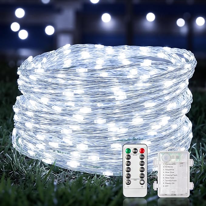 Led Fairy Lights Battery Operated, 33ft 100 LED Outdoor String Lights, Mini Battery Powered Copper Wire Starry Fairy Lights for Bedroom, Christmas, Parties, Wedding, Centerpiece (White)