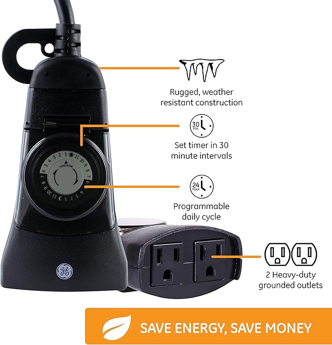 GE 24-Hour Indoor / Outdoor Programmable Mechanical Timer, Dual Outlet Plug-In, 2 Grounded Outlets, Heavy Duty Weather Resistant, 30 Minute Intervals, 15138