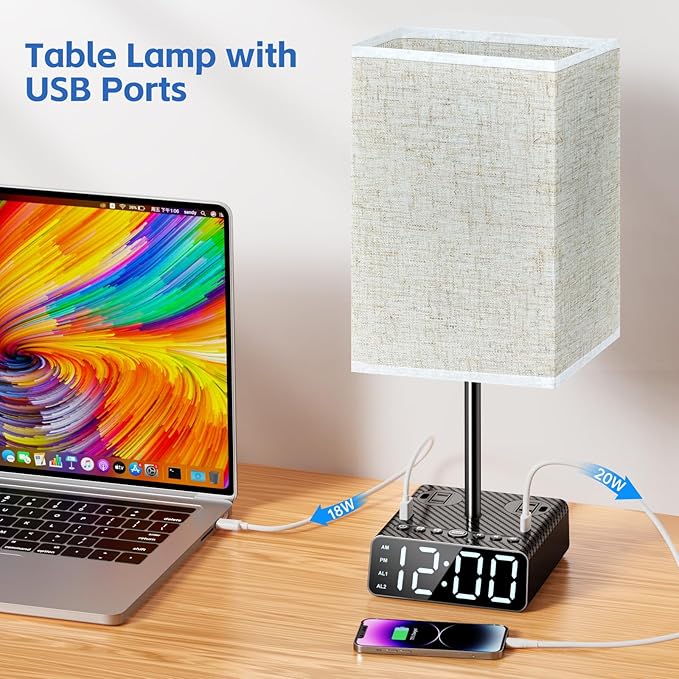 BTU Bedside Table lamp with Alarm Clock - 3 Color Temperatures Bedside Lamps with USB C and A Ports,Table Lamps with AC Outlet, Nightstand Lamps for Kids Room, Living Room, College Dorm, Home, Office