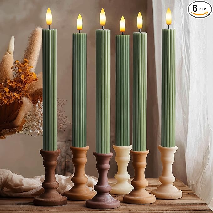 6 Pack, 10" LED Flameless Loden Green Fluted Ribbed Grooved Taper Candles, Remote & 24h Timer Memory, On/Off Button, Dimmable, Flicker Mode, Battery Operated, Christmas Menorah Wedding