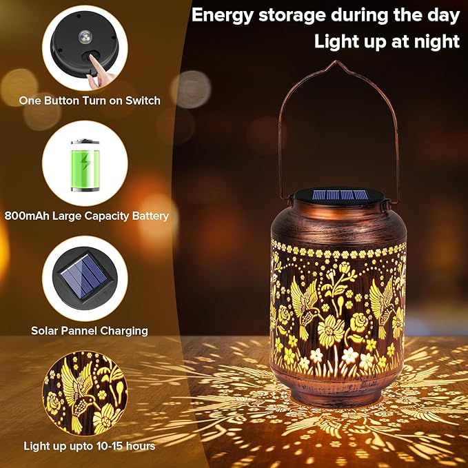 Solar Lanterns Outdoor Waterproof - Hummingbird Solar Lights for Garden, Hanging Metal Lantern Decor for Patio, Yard - Christmas Mothers Day Gifts for Women, Mom, Grandma (Hummingbird, 1)