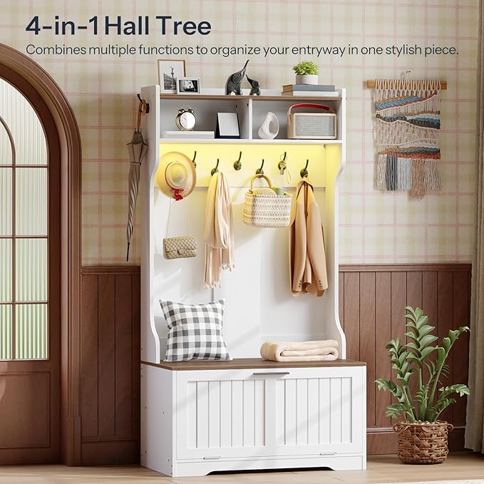 HOOBRO Hall Tree with Bench, 15.7''W Entryway Bench with Coat Rack, Shoe Cabinet with Flip Drawer, LED Hall Tree with 9 Hooks and 2 Open Compartments, Wooden, for Hallway, White and Walnut WH86DMT01