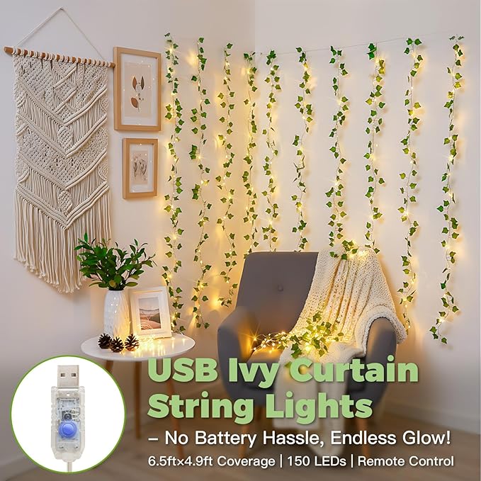 suddus Vines with Lights for Bedroom, 150 LED Fairy Lights with Vines, Ivy Curtain Lights for Bedroom, Dorm, Wedding, Party, Wall, Indoor, Outdoor Decor, 6.5ft x 4.9ft