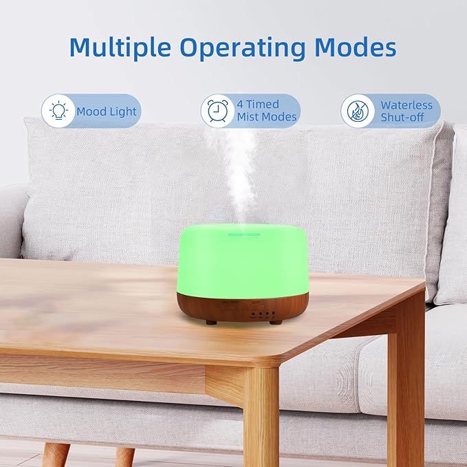 300ML Essential Oil Diffuser Aromatherapy Diffuser, Quiet 8 Hours Operation, 7-Color LED Light, 4 Timer, Remote Control, Auto-Off, Easy to Clean, for Bedroom, Living Room, Office, Home Gifts