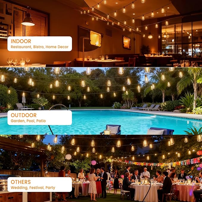 LED Outdoor String Lights 50ft ST38 Waterproof Patio Lights with 25 Vintage Shatterproof Bulbs(2 Spare), Dimmable Outside Hanging Edison String Lights for Backyard Porch Balcony Decor, Warm White
