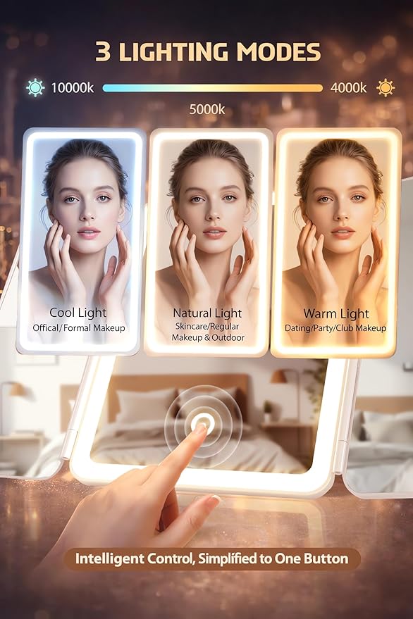 Lighted Makeup Vanity Mirror, Height Adjustable Trifold Mirror with Seamless Light Strip, 1X/2X/3X/10X Magnification, 2000mAh Rechargeable Desk Mirror, Dimmable 3 Color Lighting, Gifts for Mom Women
