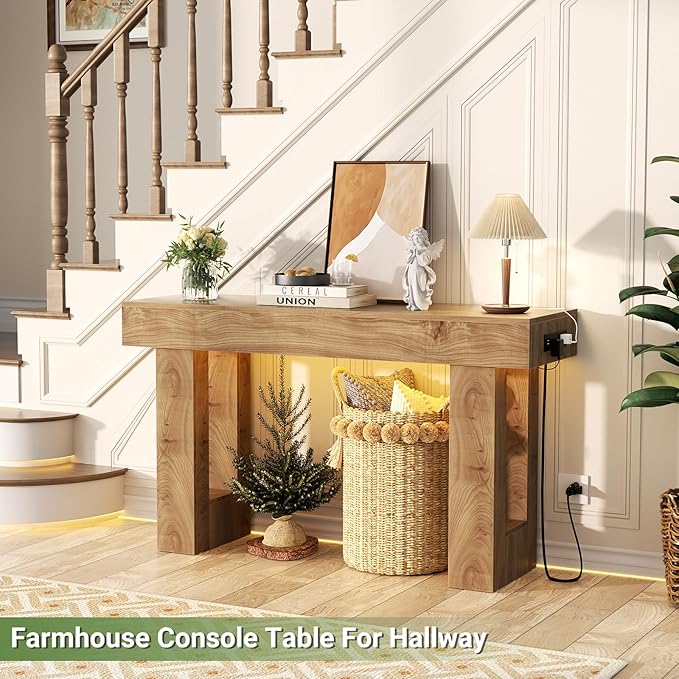 Unikito 47" Entryway Table with Socket and Sensor Light, Narrow Console Table with Storage Behind Couch, Farmhouse Entry Way Tables with Open Storage for Entrance/Hallway/Living Room, Natural Oak