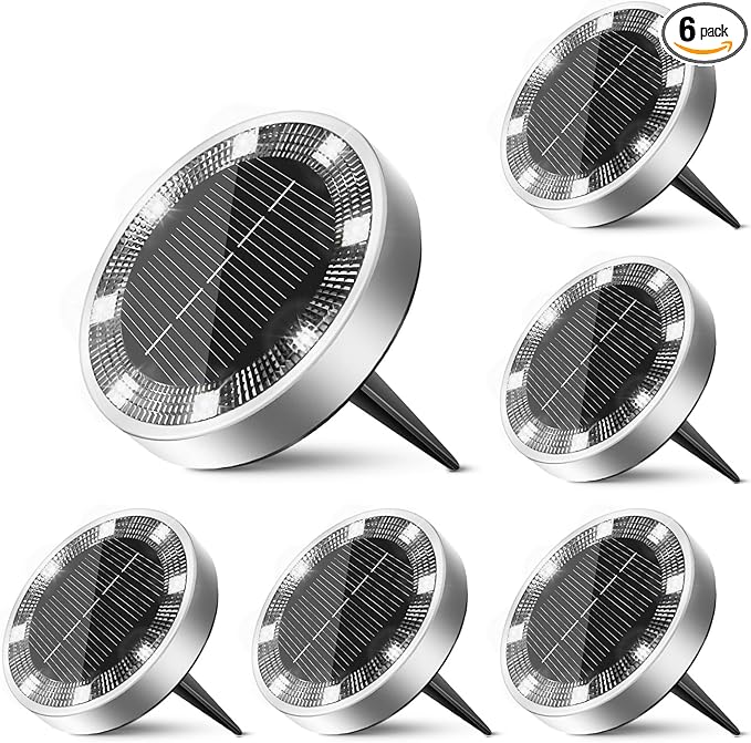 6 Pack Solar Ground Lights Outdoor, 8 LED Mini Flat Solar Disc Lights, IP65 Waterproof Pathway Lights Solar Powered, Landscape Lighting for Garden Walkway Driveway Yard Lawn,Cool White
