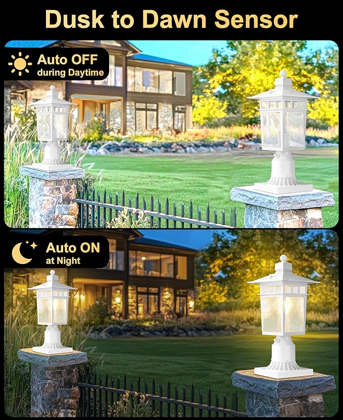 Dusk to Dawn Outdoor Post Lights, Waterproof Lamp Post Light Fixture, Aluminum Lamp Posts Outdoor Lighting Pole Lantern for Outside Yard Patio Pathway Garden Deck, Hard Wired (1 Pack, White)