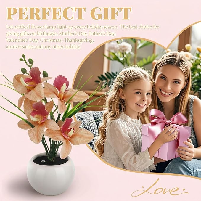 Artificial Flower Night Light, Touch Stepless Dimming USB Rechargeable Orchid Flower with Vase Lamp, LED Table Lamp Decorative Landscape Lights for Festival Party Home Decor (Champagne)