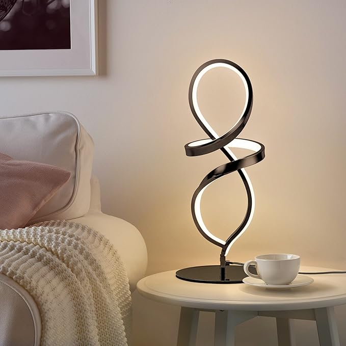 Mayful Modern Table Lamp with LED Spiral Design, Bedside Lamp with Stepless Dimming Switch, Contemporary Nightstand & Black Table Lamp for Bedroom, Living Room, Home Office, 12W 3200K Warm White