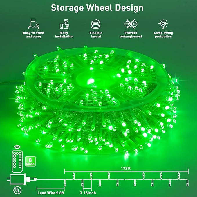 JMEXSUSS 400 LED Green Christmas Lights Indoor Outdoor, 132ft St Patrick's Day String Lights Plug in with Remote Clear Wire Christmas Tree Lights for Room Garden Patio Outside Party Xmas Tree Decor