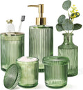 Green Bathroom Accessories 5 Pcs, Glass Bathroom Accessory Set, Vintage Green Bathroom Set, Sage Green Soap Dispenser and Toothbrush Holder Set, Qtip Holder, Small Flower Vase, Modern Bathroom Decor