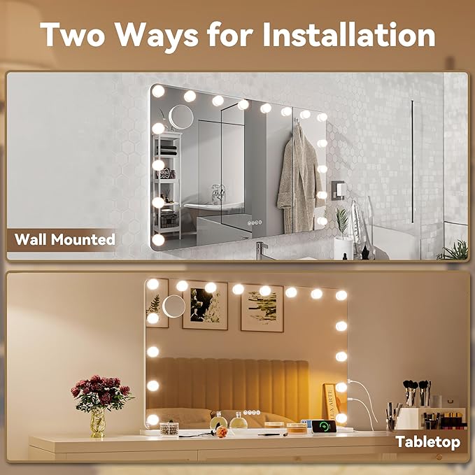 Hasipu LED Makeup Mirror with Bluetooth Speaker, 41" x 30" Makeup Mirror with Lights and Magnification, Hollywood Mirror with 3 Color Modes, LED Make up Mirror with USB & Type-C Charging
