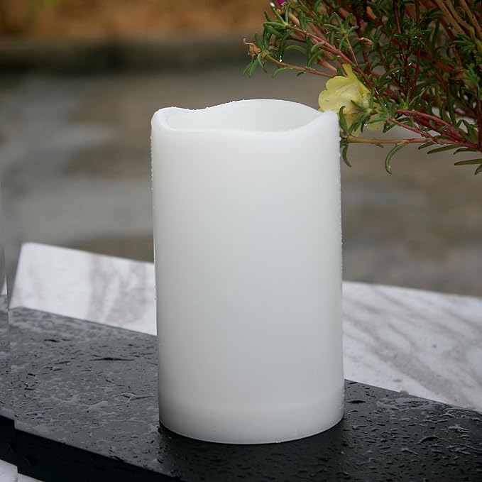 Waterproof Outdoor Battery Operated Flameless Candles with Auto Timer Flickering Plastic Resin Electric LED Pillar Lights for Lantern Patio Garden Wedding Party Decorations 3x5 Inches 2 Pack White