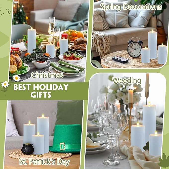 Retisee 3 Pcs Winter Light Blue Large Flameless LED Candles with Remote Spring Battery Operated Flickering Pillar Candles for Indoor Outdoor Party Wedding Light Decor(6''/8''/12''x4'')