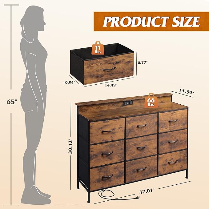 WLIVE Dresser TV Stand for 45, 50, 55 inch TV, Entertainment Center with LED Lights & Charging Station, Chest of Drawers with 9 Fabric Drawers and Open Shelves for Living Room, Hallway, Rustic Brown